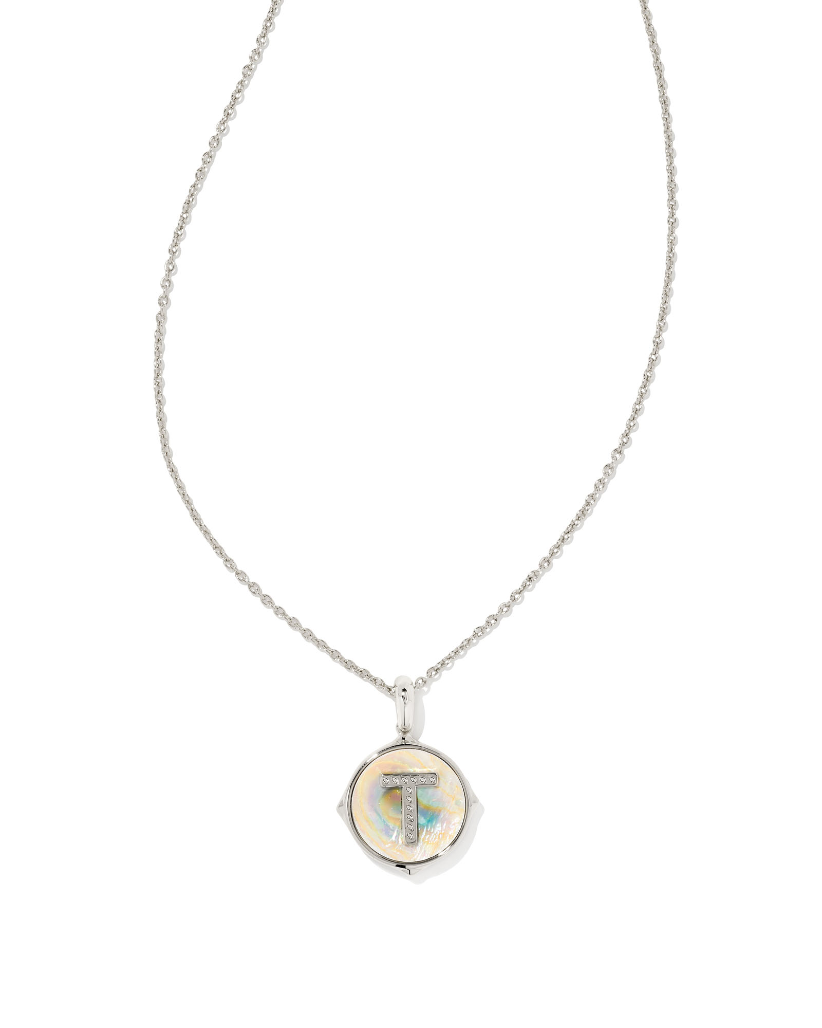 Letter T Silver Disc Reversible Pendant Necklace in Iridescent Abalone ...