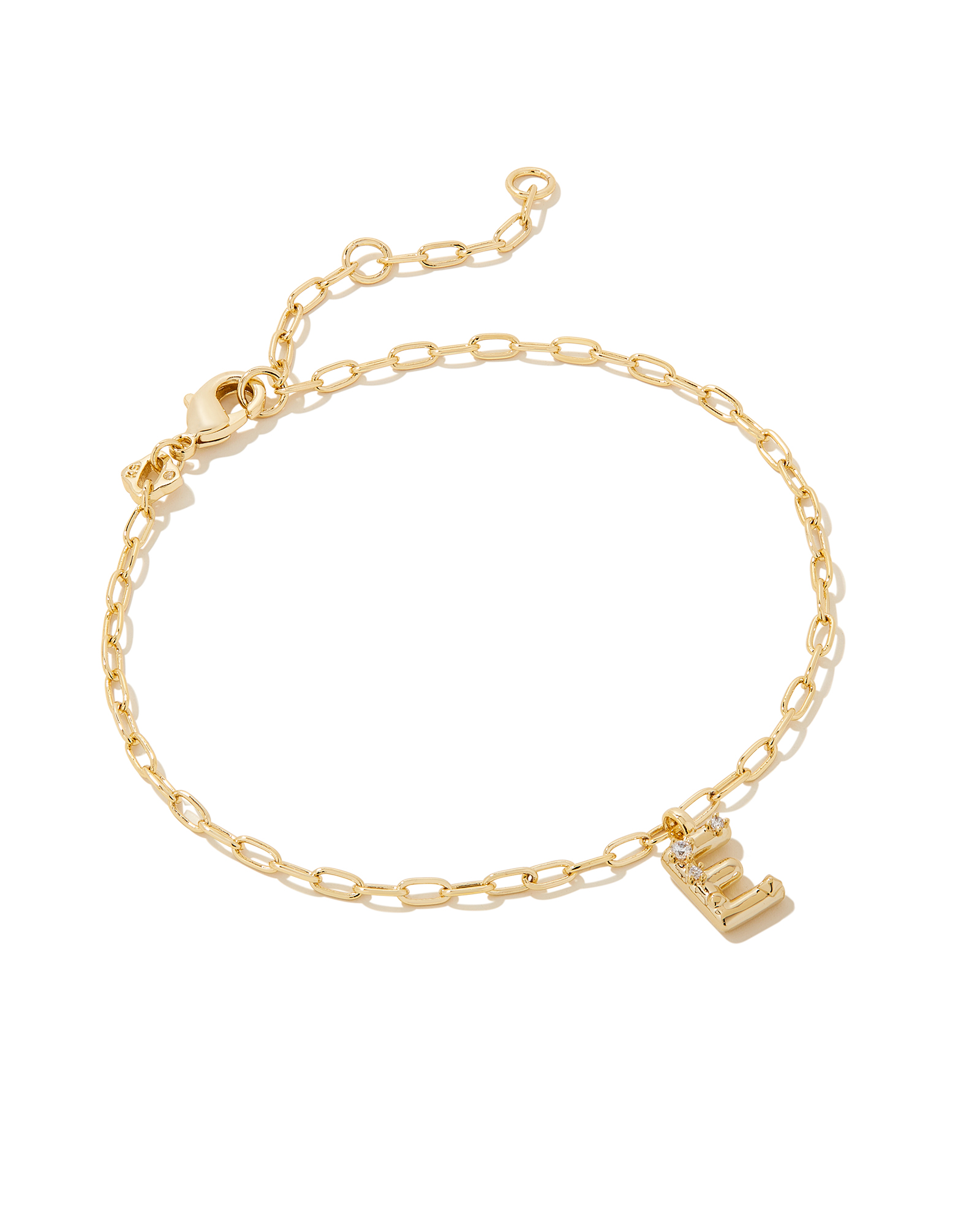 Crystal Letter E Gold Delicate Chain Bracelet in White Crystal