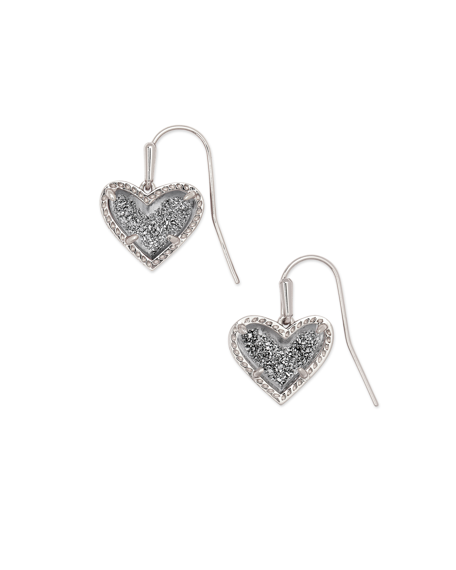 Ari Heart Silver Drop Earrings in Platinum Drusy | Kendra Scott