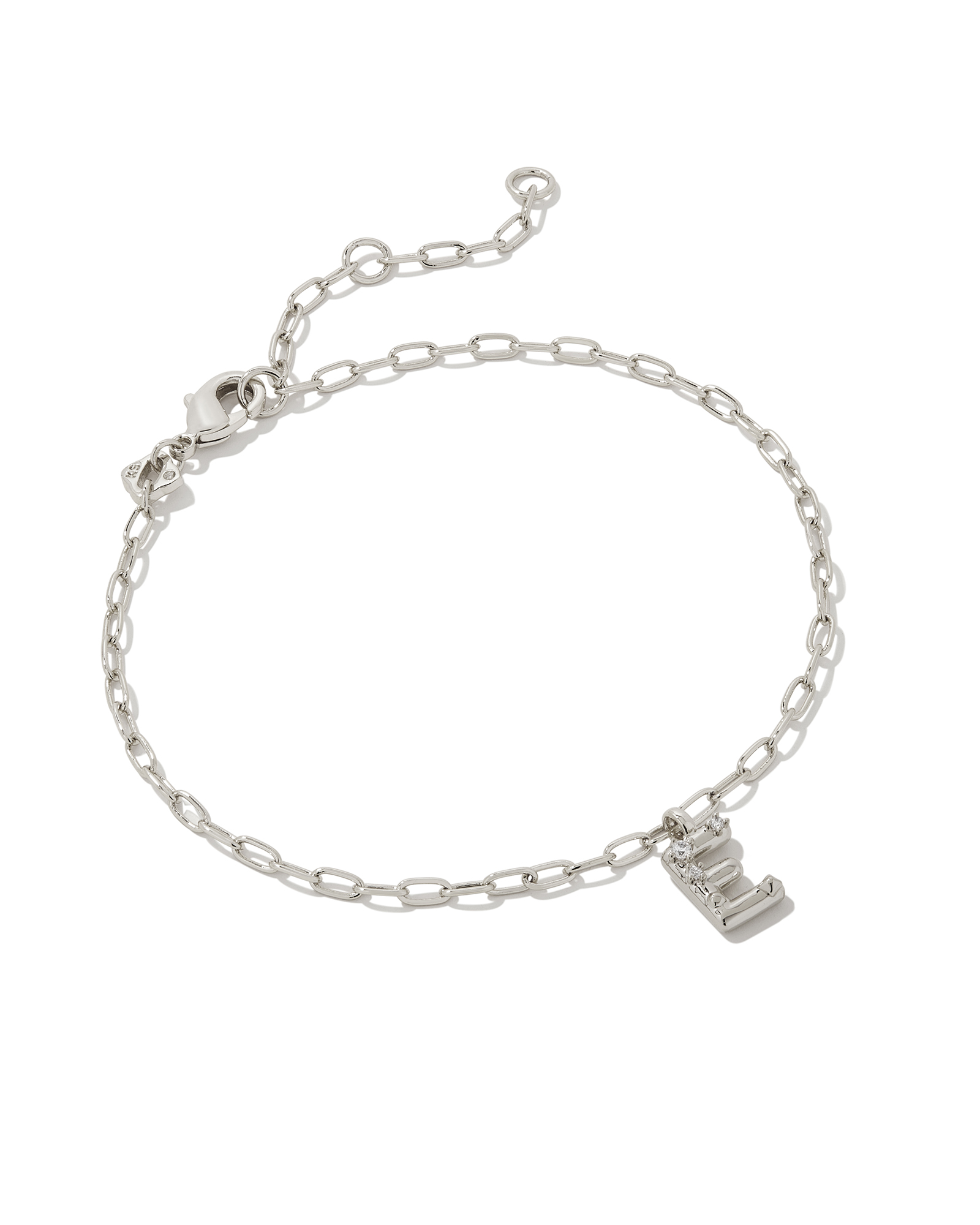 Crystal Letter E Silver Delicate Chain Bracelet in White Crystal